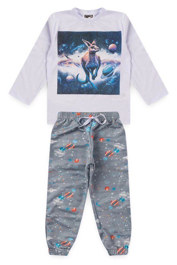 Conjunto Pijama Infantil Meia Estação Menino Mascote Kangulu Branco