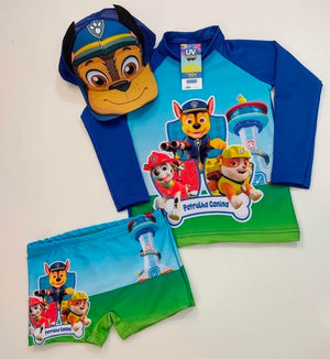 Kit Sunga Infantil + Camisa Proteção UV50 + Boné Praia Verão Patrulha Canina