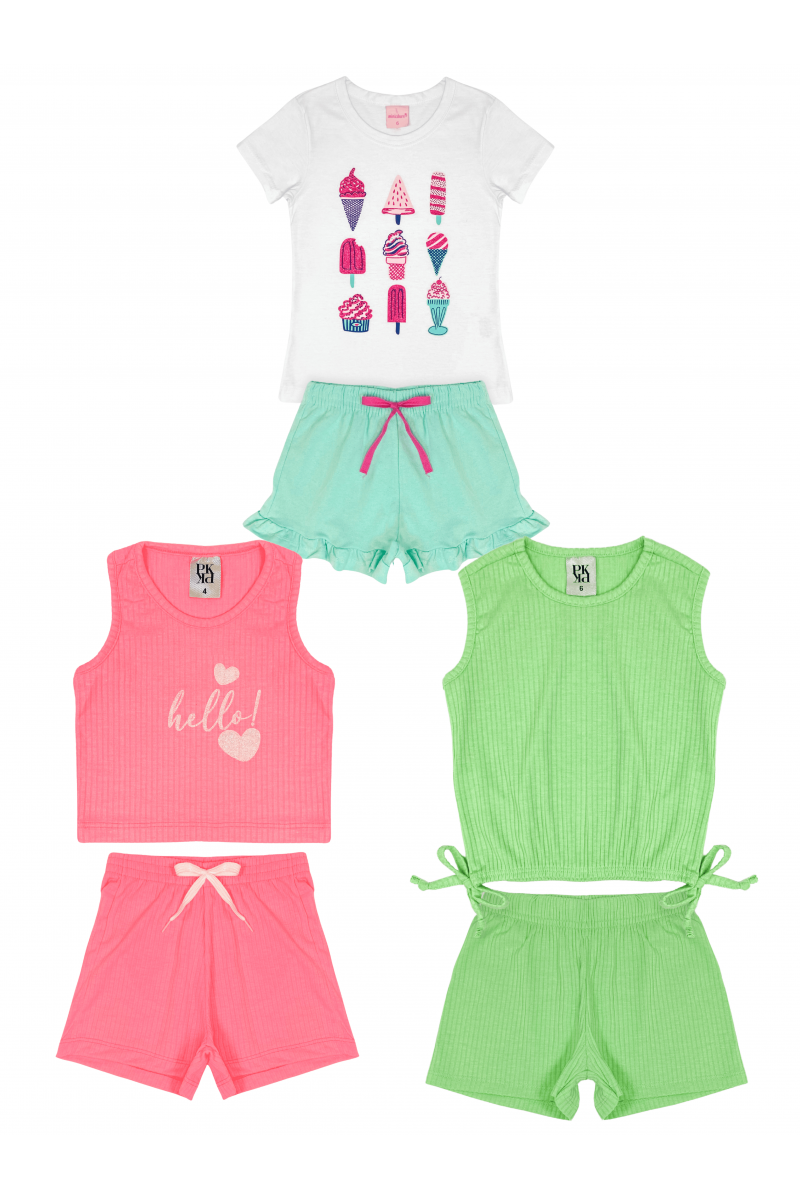 Kit Sortido 6 Peças de Roupas Infantil Menina Verão - 3 Camisetas + 3 Bermudas Ou Vestidos