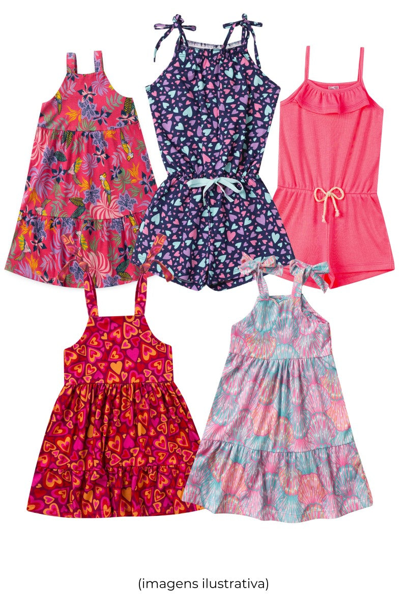 Kit Sortido Vestidos e Macaquinhos Infantis Feminino Verão - 5 Peças